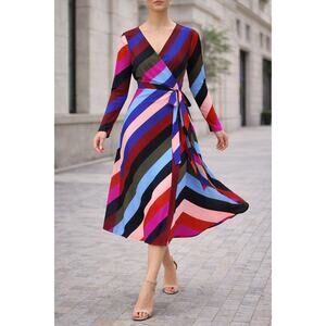 Diane von Furstenberg Silk Dress 2 Midi Wrap Long Sleeve 100% Silk Striped